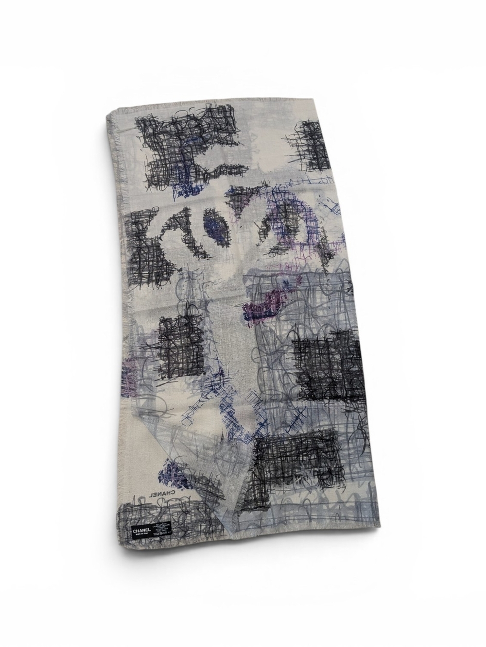 CHANEL Scarf White Black Purple Graffiti CC Logo Cashmere Silk Scarf Shawl NIB - Picture 2 of 6